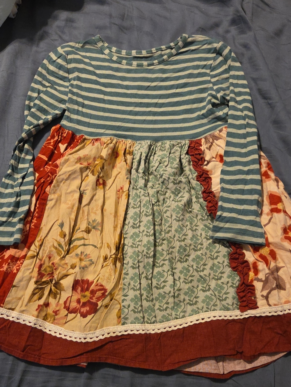 Persnickty Striped Long-Sleeve Patchwork Floral Kids Dress - Blue/Multicolor